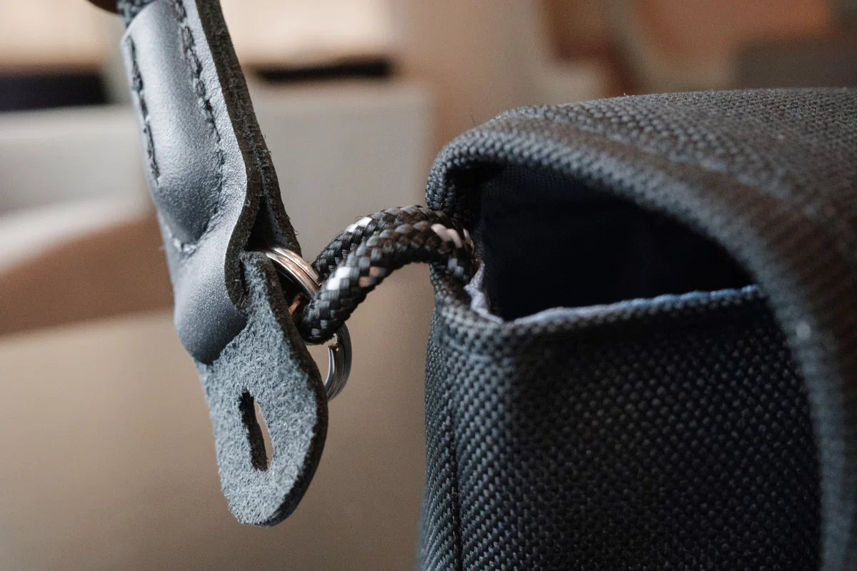 Metal ring of a camera neck strap attached to the loop-shaped holder on the camera pouch